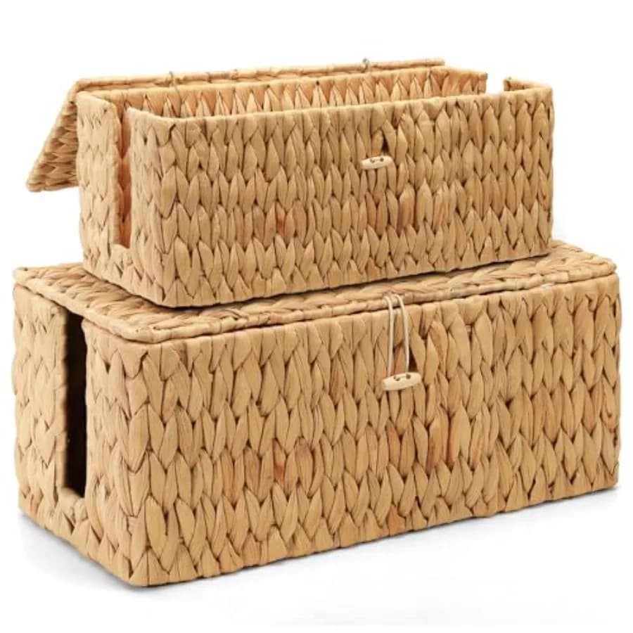 Scatola per la gestione dei cavi con coperchio, 2 pezzi, in giacinto d'acqua intrecciato a mano, contenitore organizer per nascondere i cavi, con 2 aperture laterali, scatola portaoggetti