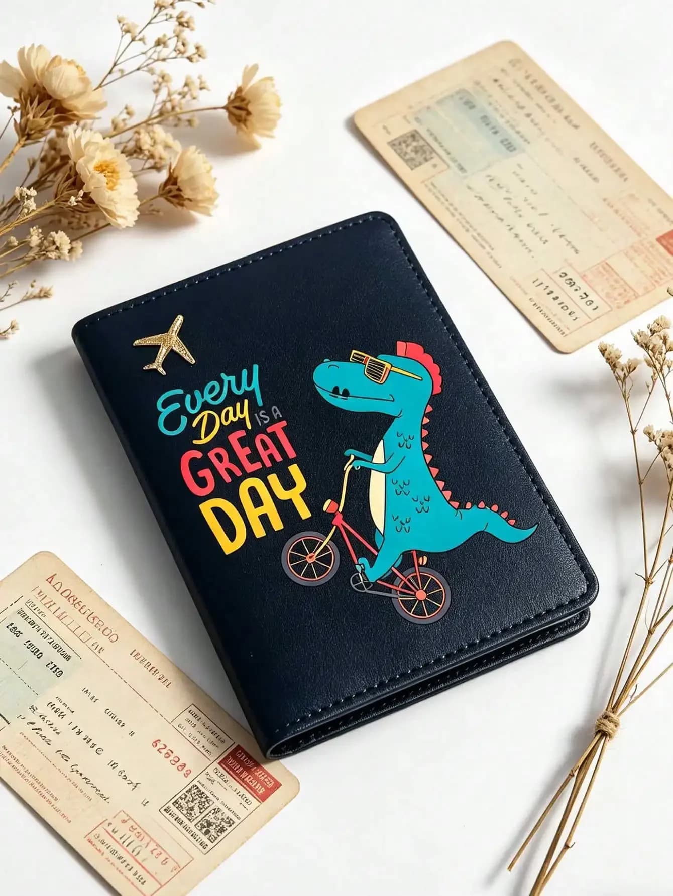 1 copertina per passaporto con simpatico dinosauro dei cartoni animati, porta passaporto compatto, perfetto per viaggiatori e vacanzieri, previene la perdita di carte, Tr