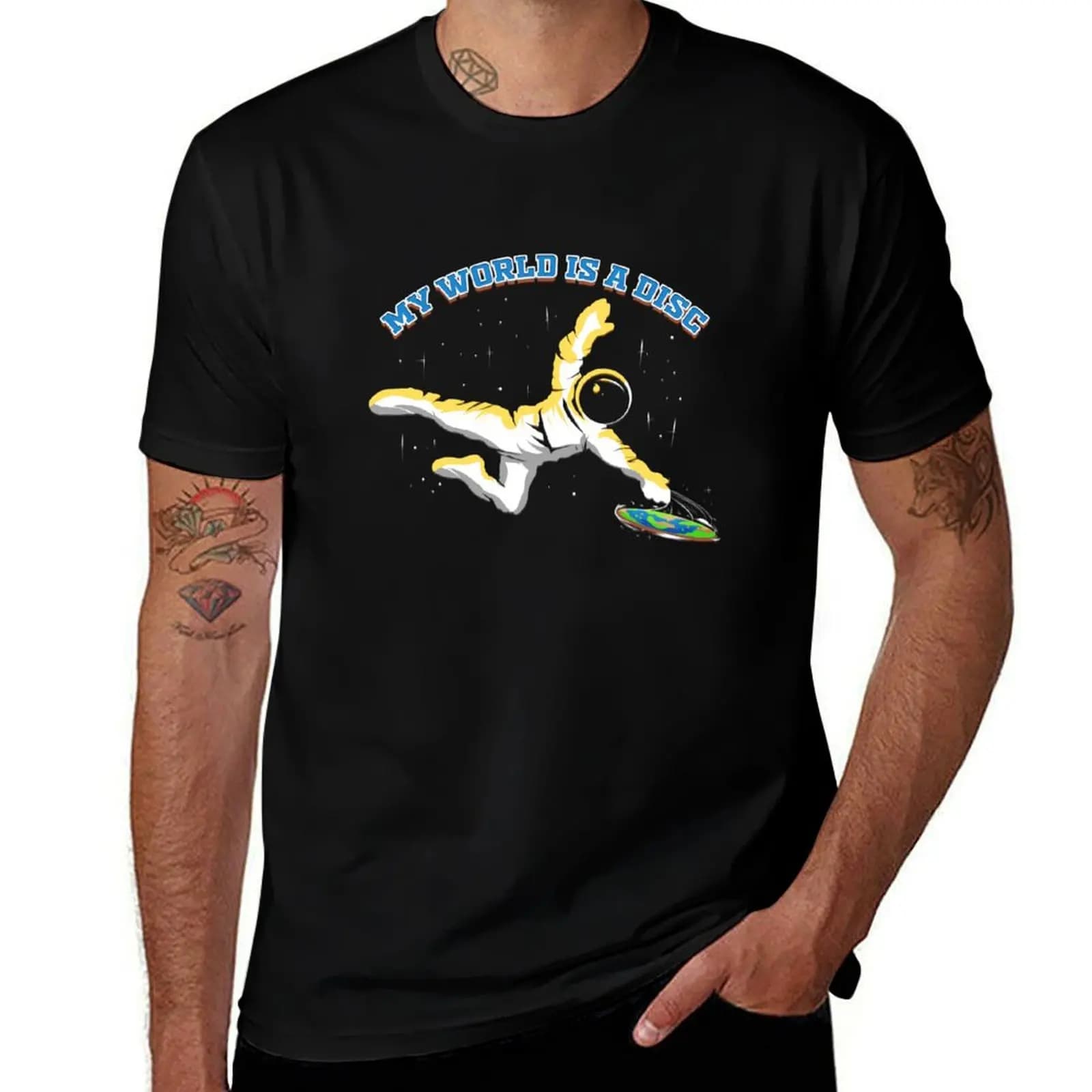 Flying Disc Golf Astronaut World Is A Disc T-Shirt Athletic Fit Sports Short Sleeve Top