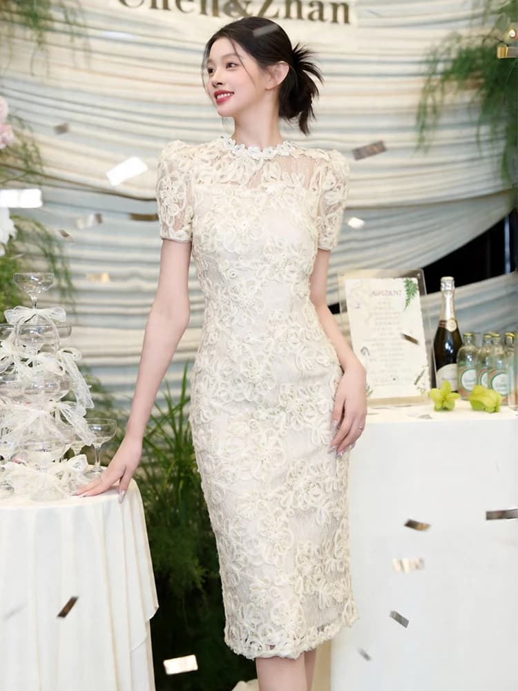 New Women Lace Bodycon Midi Dress Elegant 3D Floral O-Neck Sheer Short Sleeve Slim Dresses Robe Formal Party Evening Gown Daily