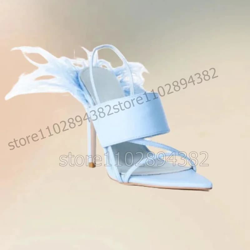 Cielo Blu Piuma Decor Sandali Open Toe con cinturino Slip On Scarpe da donna Tacchi alti sottili Romanzo Fashion Party 2023 Zapatos Para Mujere