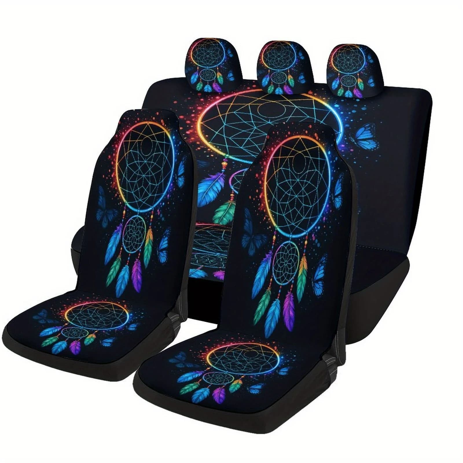 Rainbow Dreamcatcher Designed Car Seat Cover Set For Most Cars, Fashionable Novelty Car Seat Protector Covers Full Set, Universa