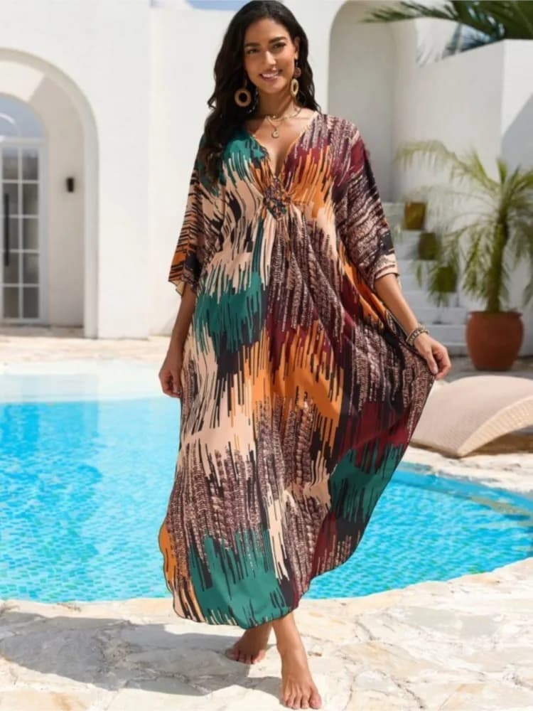 Summer Cover Ups Women Swimsuit Half Sleeve Robes Bathing Suit 2026 New Beach Holiday Flower Print Maxi Dresses Cover-Up
