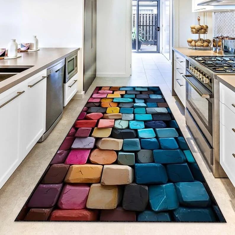 Runner Carpet with Geometric Print Visual Stereoscopic Square Mat Colorful Entrance Bedside Sofa Carpet Home Decoration