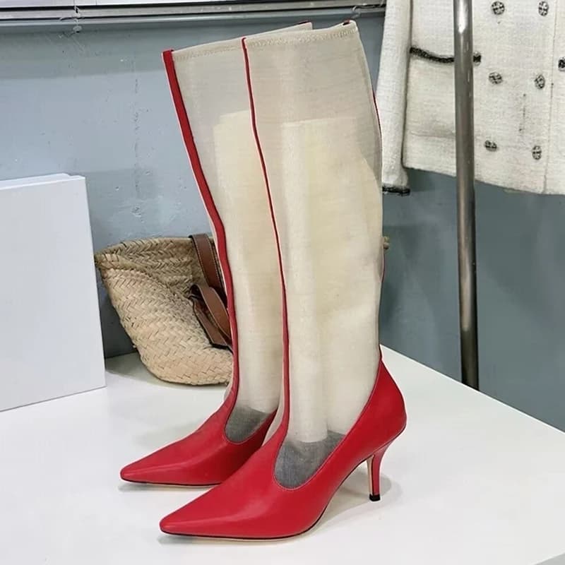Genuino Maglia di Cuoio Splicing Traspirante Lungo Botas Donne Punta a punta Tacchi sottili Stivali sopra il ginocchio Primavera Autunno Stivali Moderni