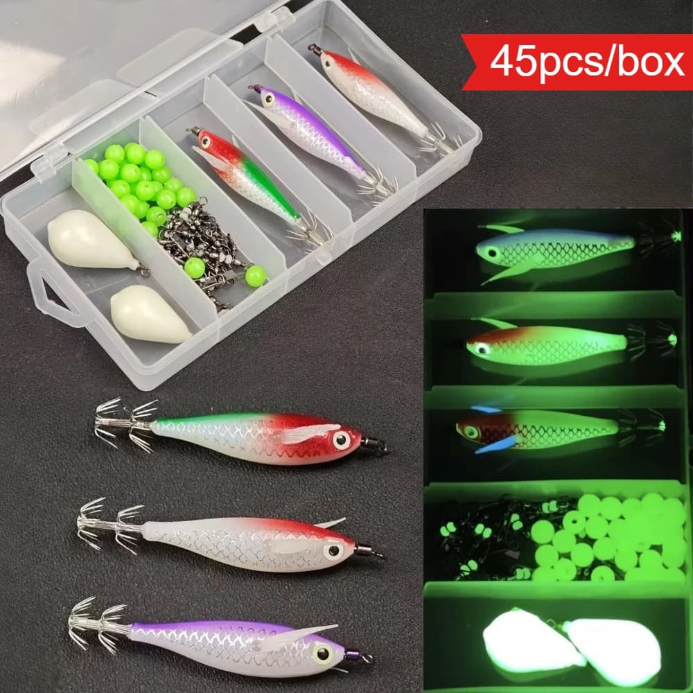 Set of 45 horizontal artificial baits for Egi calamari, bright in the dark, with poplars, beads and girelle, for octopus and cuttlefish, for fishing in salt water