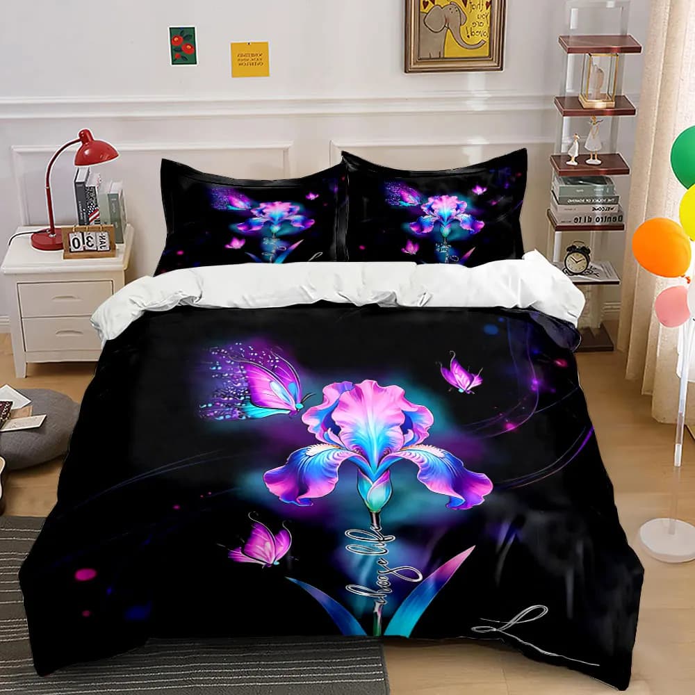 Set di decorazioni artistiche con farfalle floreali, set di biancheria da letto morbido e confortevole, include 1 copripiumino e 2 federe, regalo