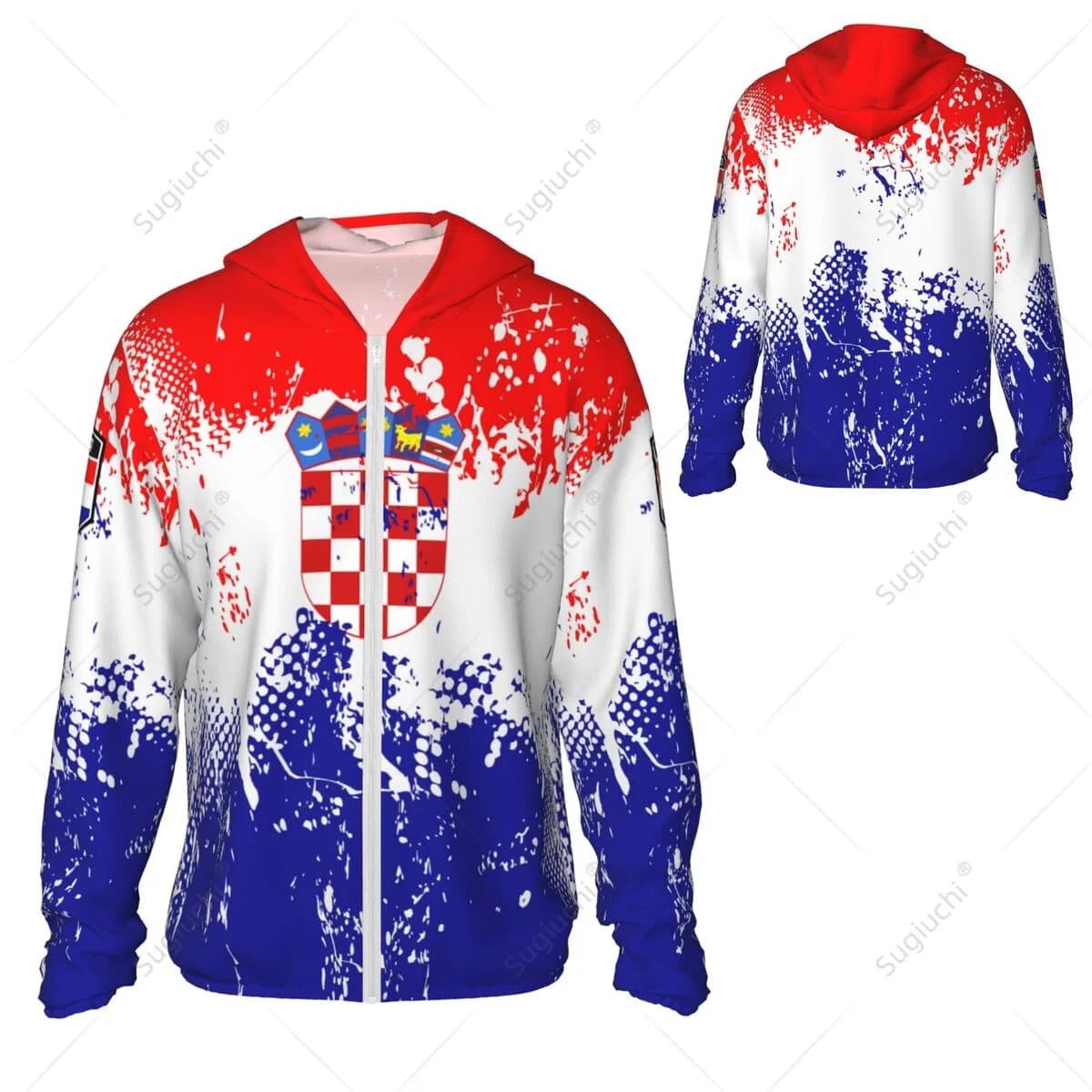 Hoodie Solar Protection Bandiera Croata, Anti-UV Clothing for Fishing Cycling Running, Fast Drying, Long sleeve with Hinge, Polyester