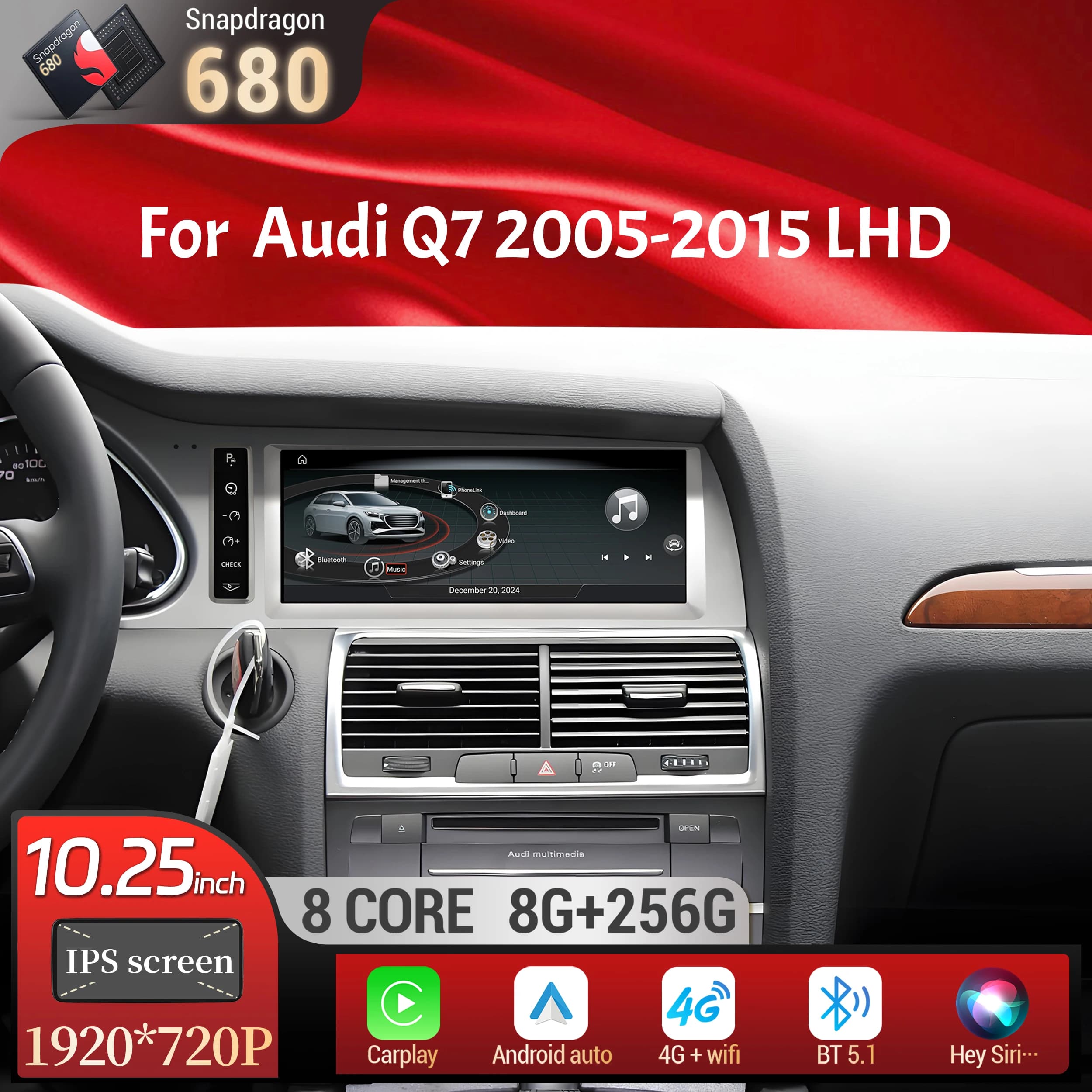 10.25 pollici Android 13 Guida a sinistra Autoradio Per Audi Q7 2005-2015 Wireless Carplay Qualcomm Snapdragon 680 Unità principale Schermo
