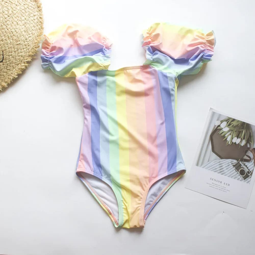 New Style Girls Swimsuit Bubble Sleeve Beach Print One Piece Swimsuits Kids Bathing Suits Hot Spring Swimwear 3-12 Years