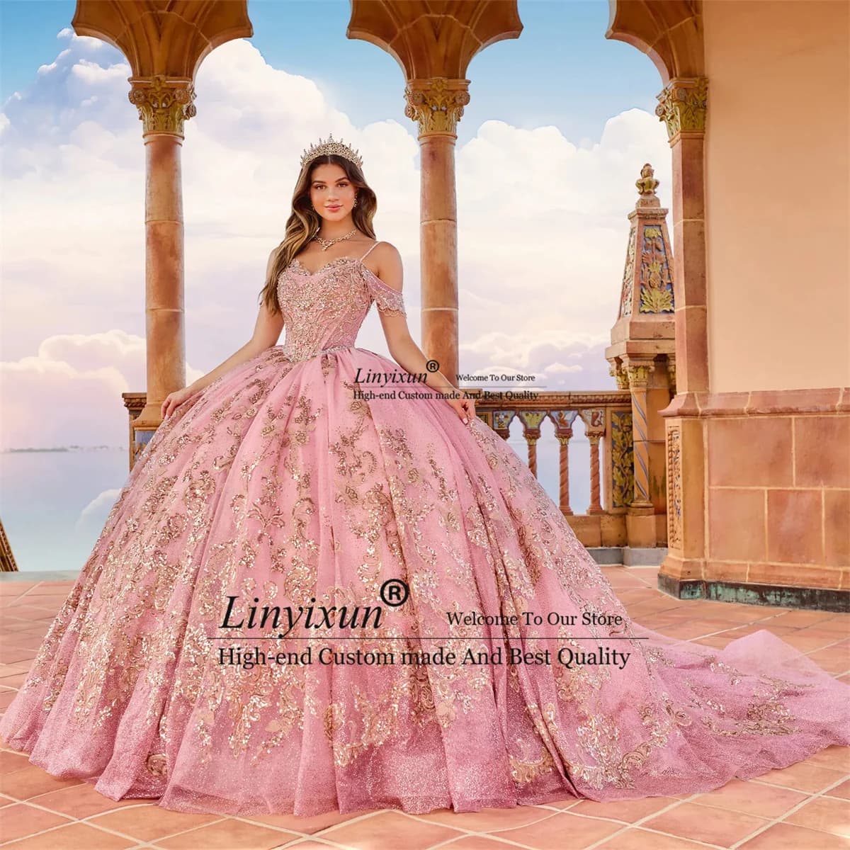 Appliques di paillettes di lusso abito Quinceanera elegante Tulle con spalle scoperte compleanno dolce 16 abito Sweep Train vestidos de 15 asenos