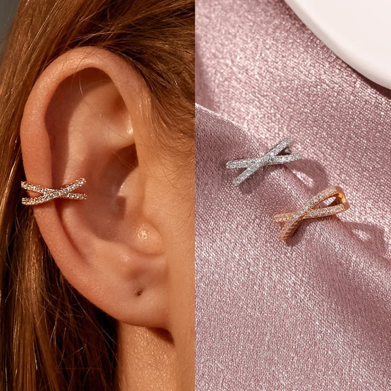 Ear clip for ear cuff with zircons in metal punk for woman, without hole, shaped like C, geometric, small, to wrap the ear, clip for earrings