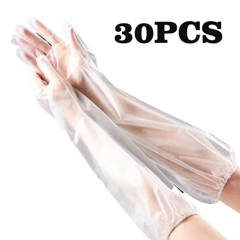 Guanti monouso per protezione del braccio da 30 pezzi Guanti da cucina per la pulizia della casa Guanti a braccio lungo CPE allungati con coulisse elastica impermeabile