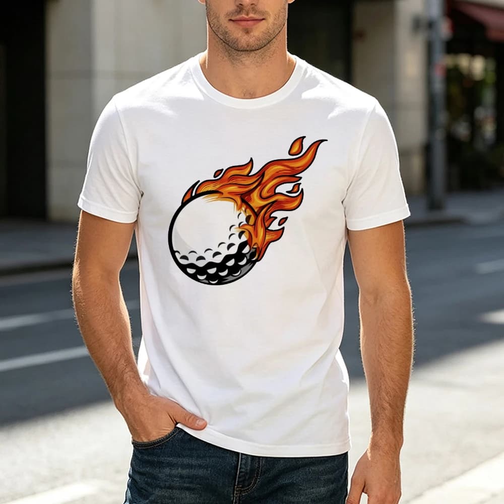 Flaming Fire Golf Ball Art Men Cool Extreme Sports T Shirt Dynamic Fire Graphic Casual Summer Athletic Gym Workout Clothes