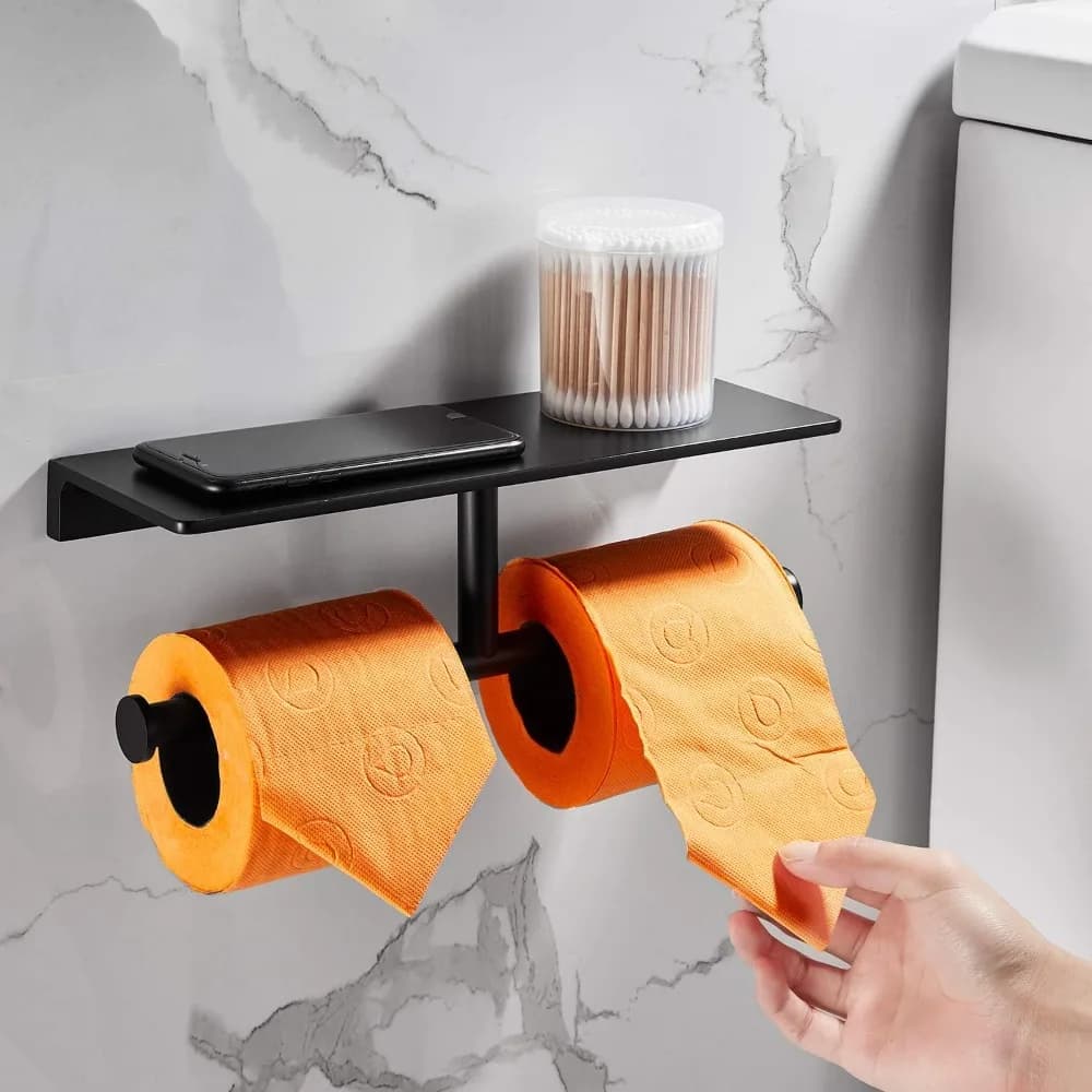 Porta carta igienica a doppio rotolo con ripiano in ottone massiccio e dispenser di fazzoletti in stile hotel superiore, spazio di archiviazione