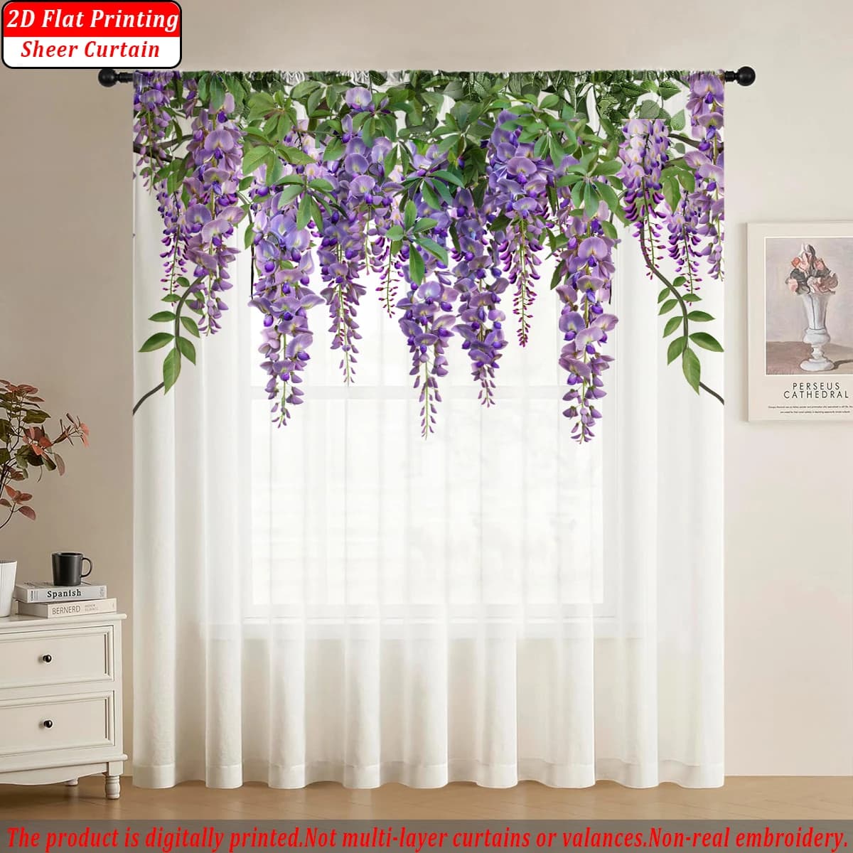 Tenda trasparente con stampa piatta di fiori di glicine viola, tessuto leggero, per la decorazione di porte e finestre di casa, camera da letto del soggiorno