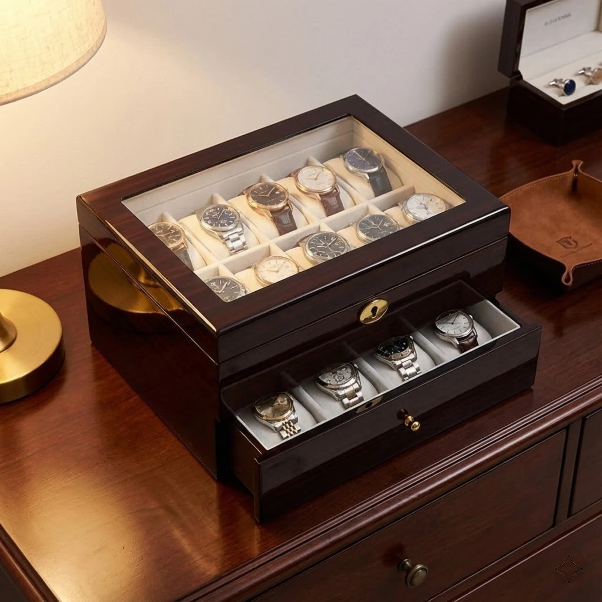Grande espositore per orologi in legno con 20 griglie, custodia per organizer a doppio strato con piano in vetro per uomo
