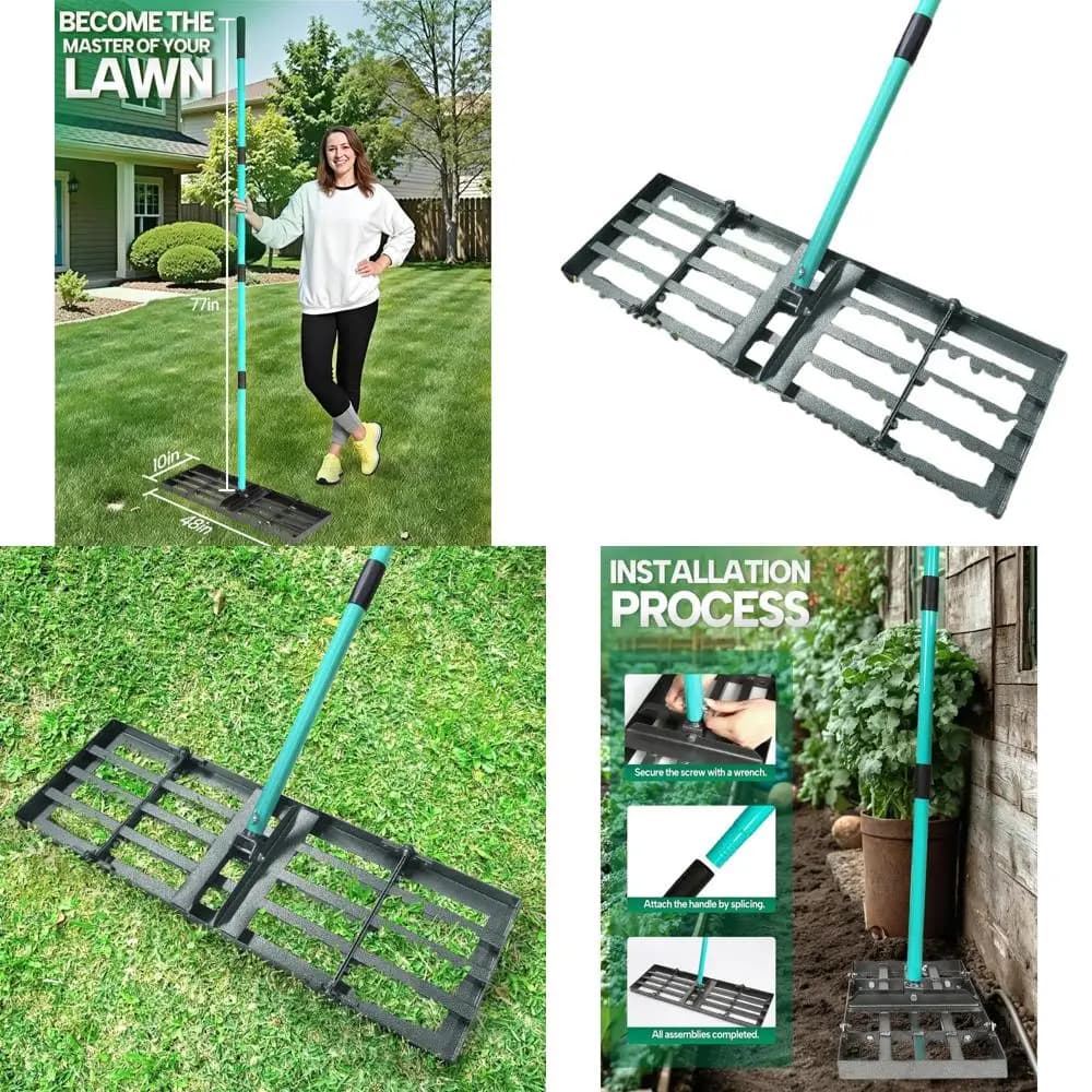 Adjustable steel handle 77 for the maintenance of gardens, meadows and golf courses