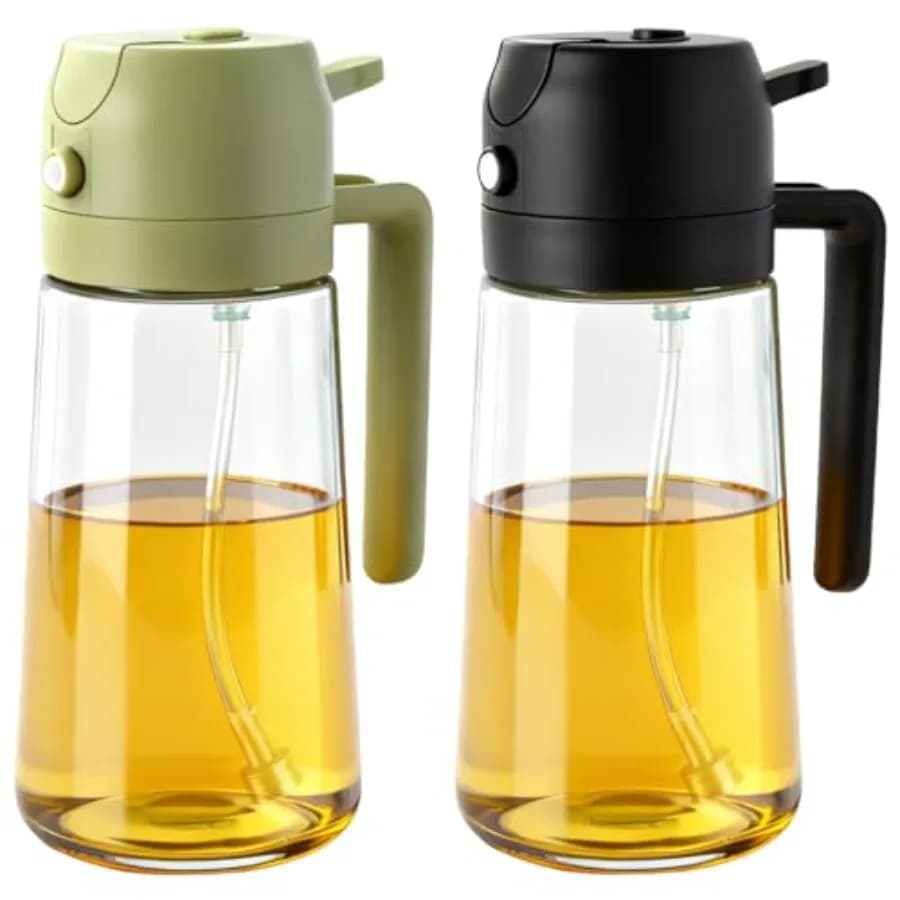 2 Spruzzatori d'Olio in Vetro per Cucina 16oz/470ml, Gadget da Cucina per Friggitrice ad Aria, Insalata, Barbecue, Frittura Nero+Verde
