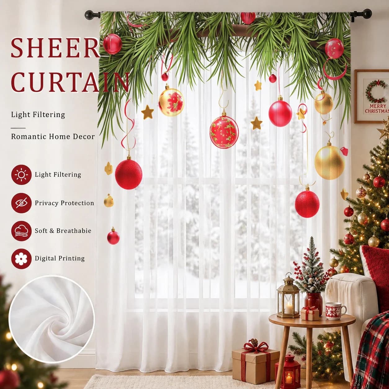 Christmas Gradient Sheer Curtain, Good Quality Light Reducing Privacy Voile for Living/Bedroom/Kids Room,Christmas's Day Gift