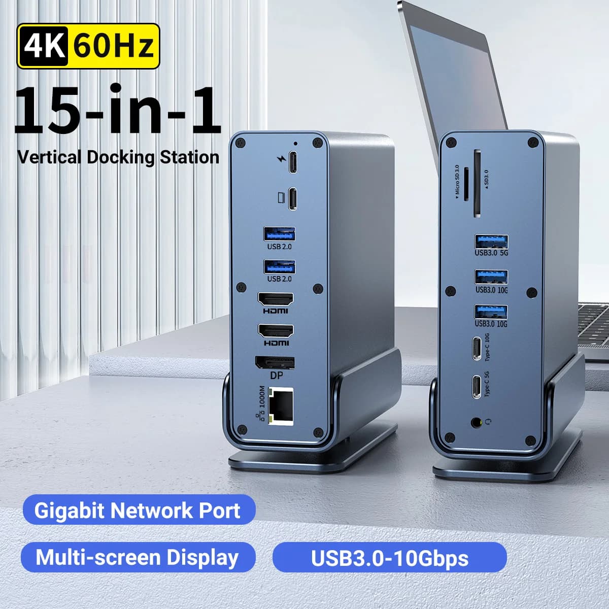 Docking Station USB-C 15 in 1 con Hub Verticale 4K HD, Triplo Monitor, RJ45 1000M, USB 3.0/2.0, PD 3.0, SD/TF, Audio 3.5 per Mac Pro