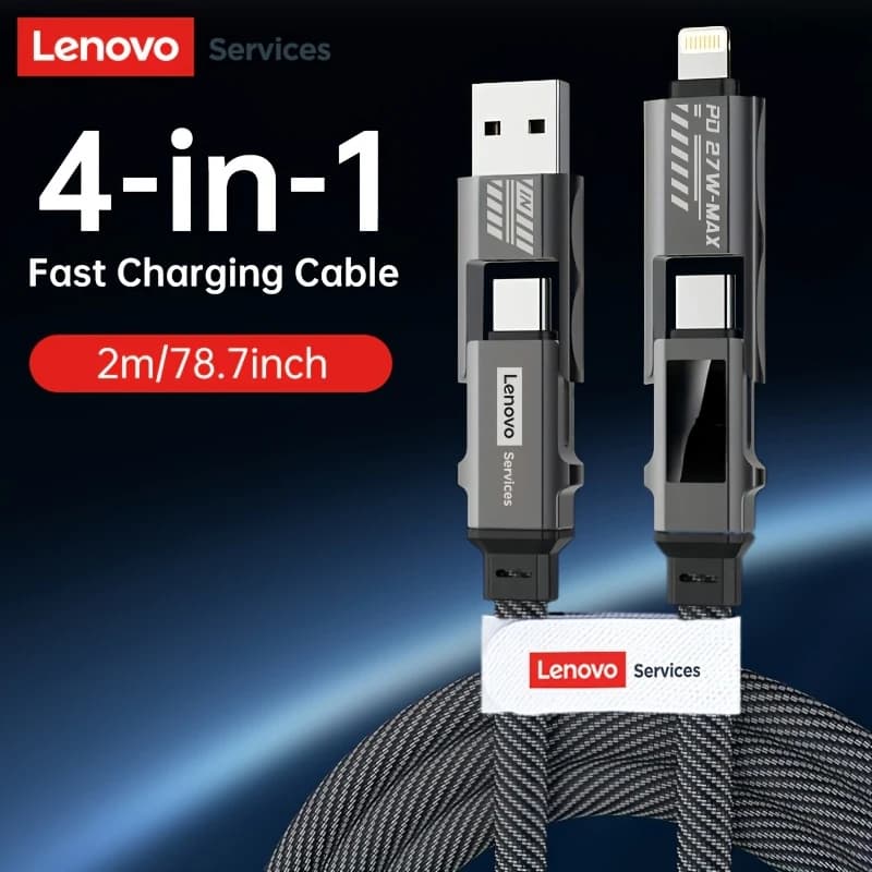 Cavo di Ricarica Rapida 4-in-1 Lenovo in Lega di Zinco 240W 5A con Display Digitale per iPhone Samsung S24 S23 S21 Xiaomi Huawei OPPO OnePlus