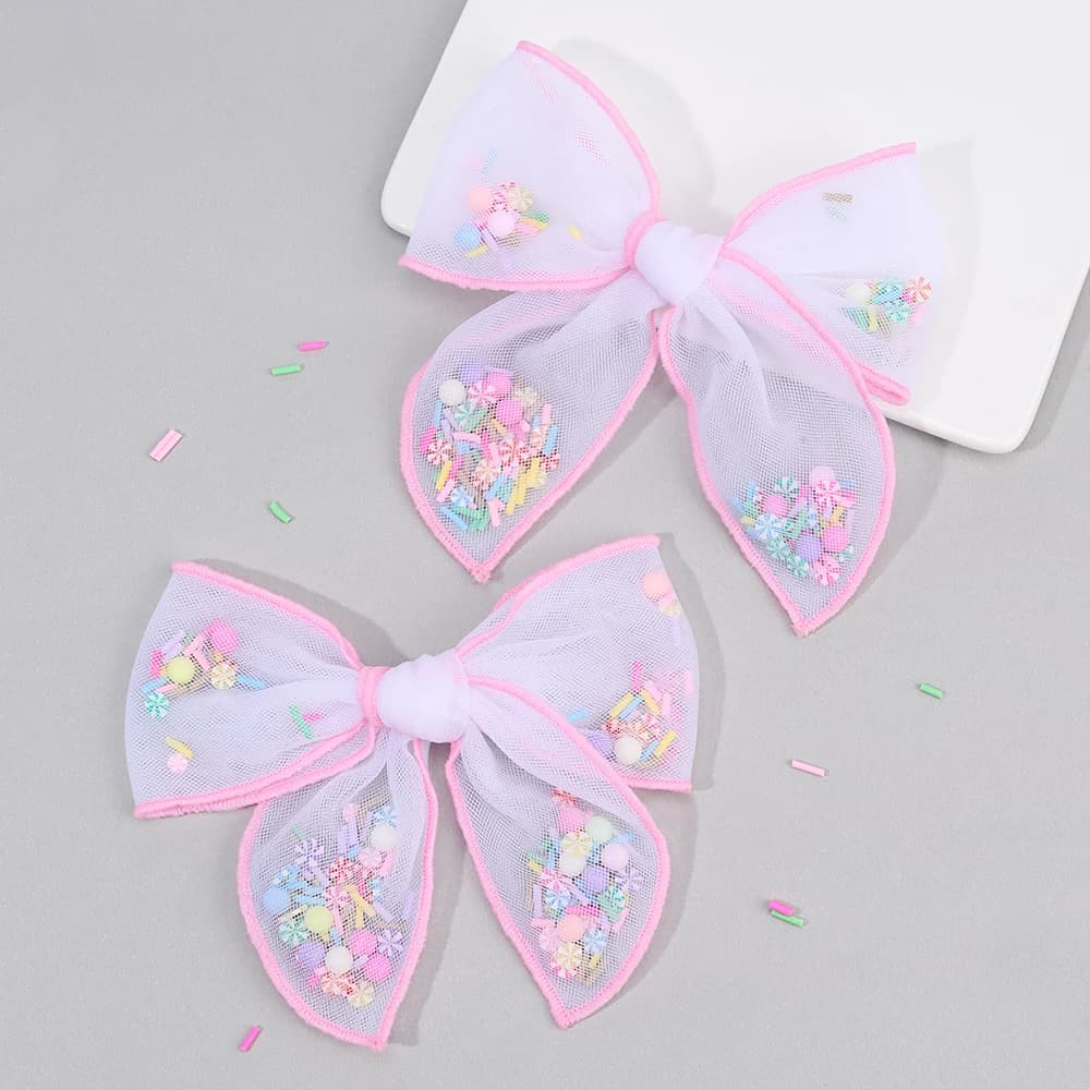 2Pcs Trendy Pink Mesh Bow Hair Clips Colorful Bead-Filled Bownot Hairpins For Girls Children Cute Headdress Hair Accessories