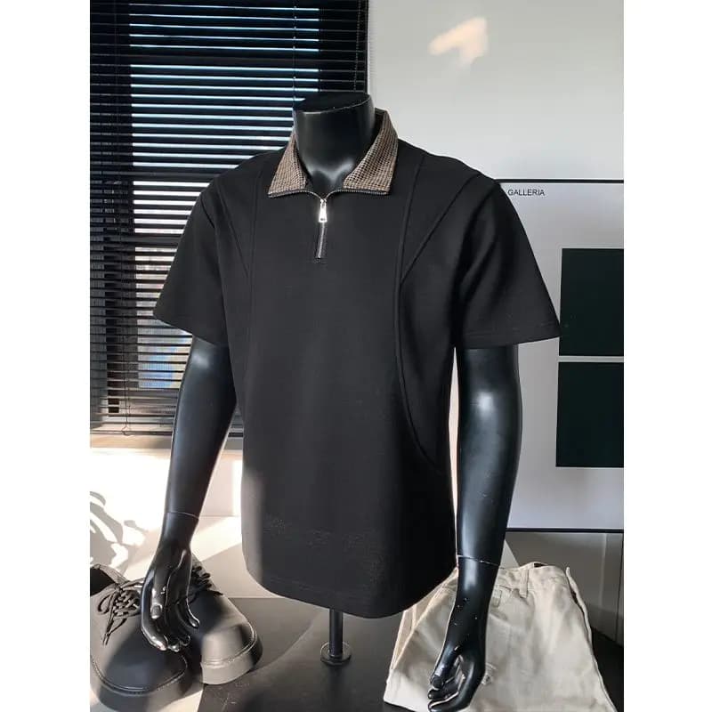 T-shirt Estiva da Uomo con Mezza Zip, Colletto a Quadri, Patchwork, Manica Corta, Leggera, Lussuosa e Semplice