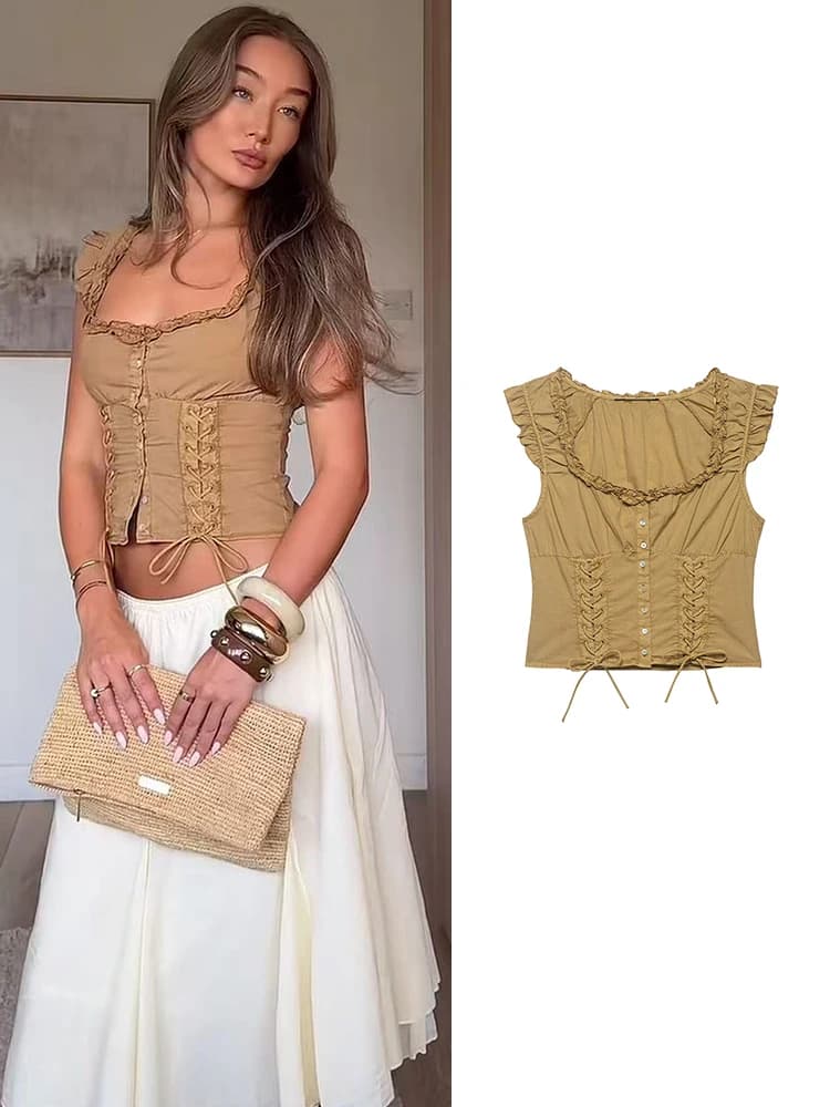 TFMLN Top Vintage con Maniche a Volant per Donna, Sexy con Scollo Quadrato, Vita Stretta, Top Slim con Volant, Abbigliamento Estivo da Club e Festa