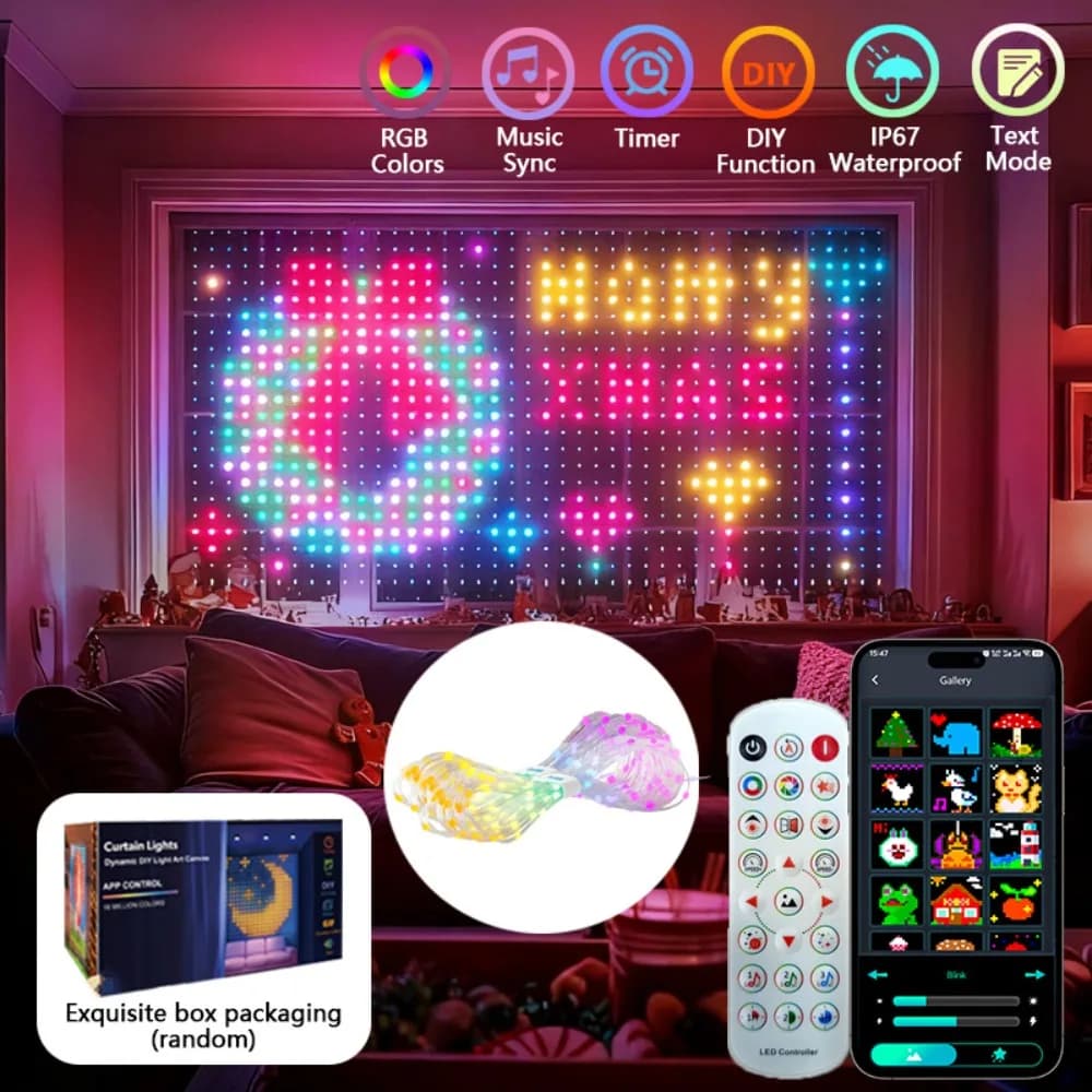 Luci per tende intelligenti da 9,9 piedi RGBIC Luci per tende a LED APP Telecomando Modello di testo fai-da-te Scena Natale Matrimonio Vacanze