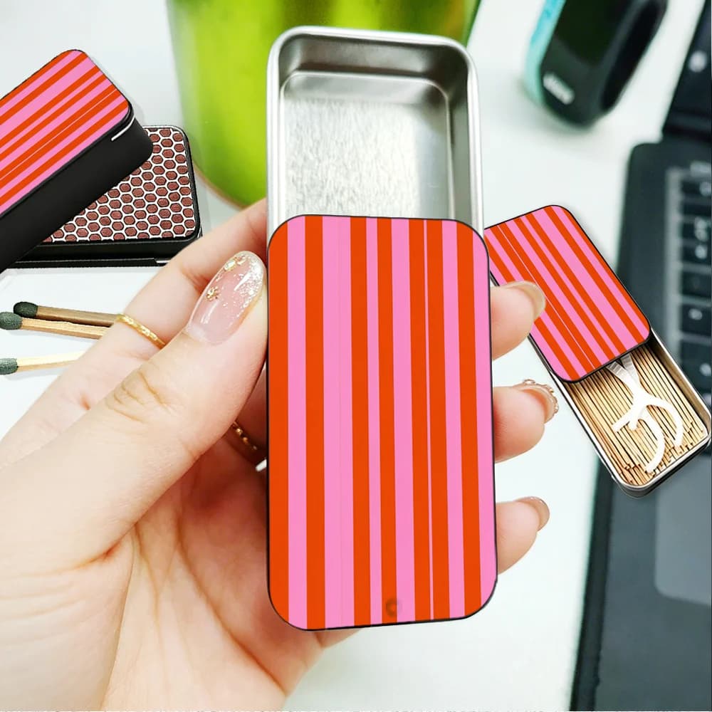 Retro Storage Box: A Multi-functional Sliding Iron Box Printed with Bold Vertical Stripes In Pink And Orange, Portable Design, Great for Holiday Gifts And Daily Use,2D Printing Not 3D metal match box