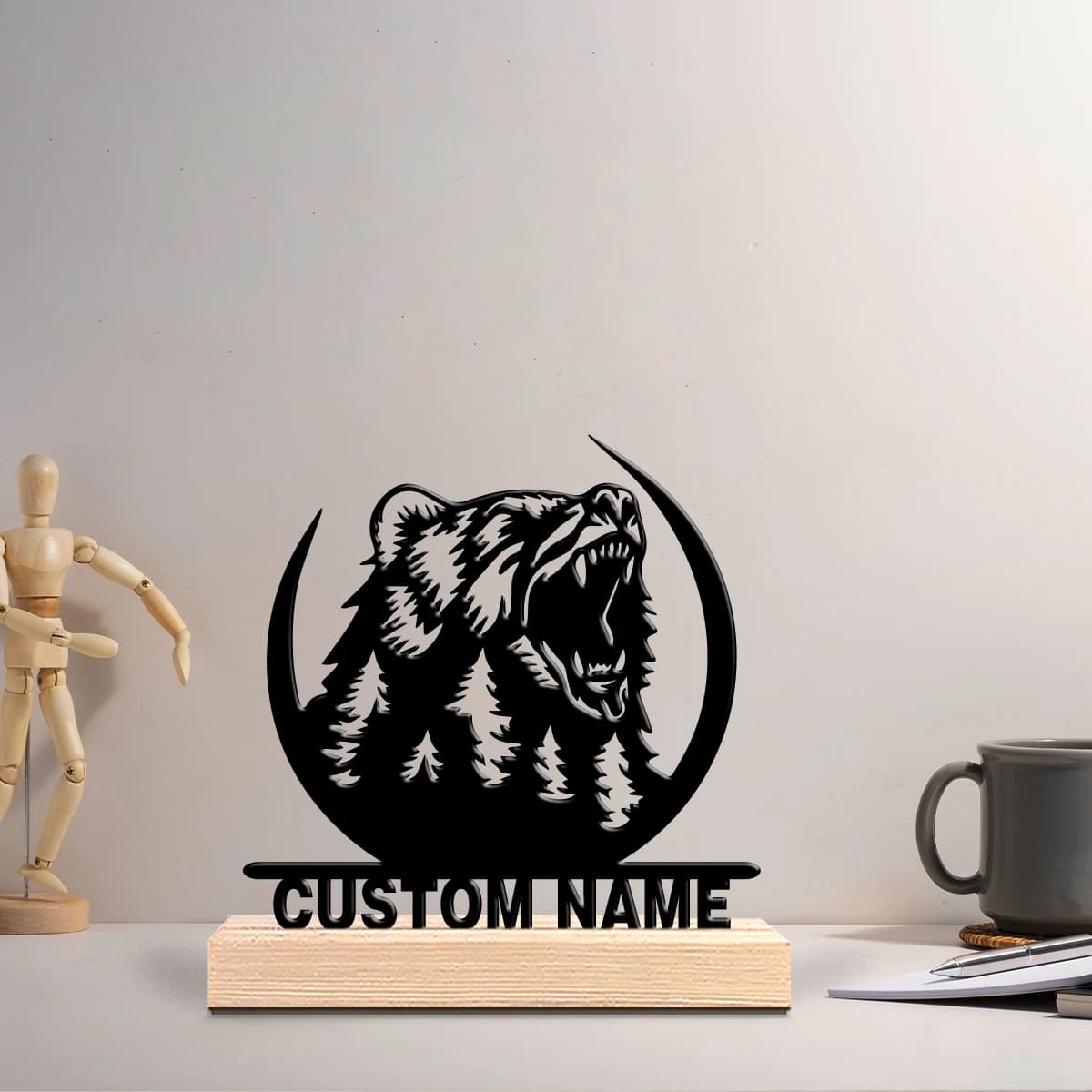 Custom Metal Bear Shape Statue with Wood Base, Scientific Theme Table Decoration for Doctors, Psychologists