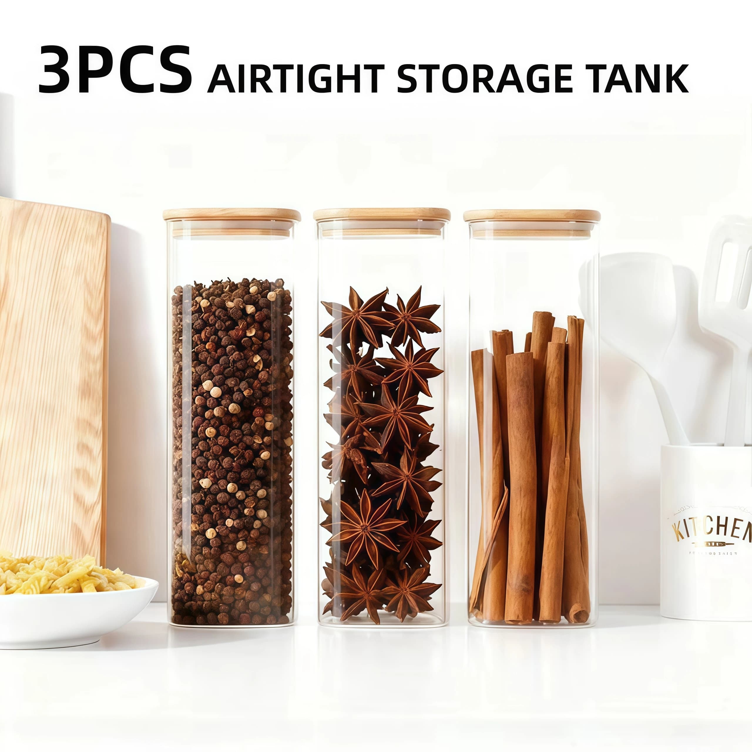 Set di 3 barattoli in vetro da 73 once (2250 ml), contenitore cilindrico trasparente sigillato per alimenti da cucina, con coperchio, utilizzato per cereali in scatola, pasta, noodles, farina, set regalo