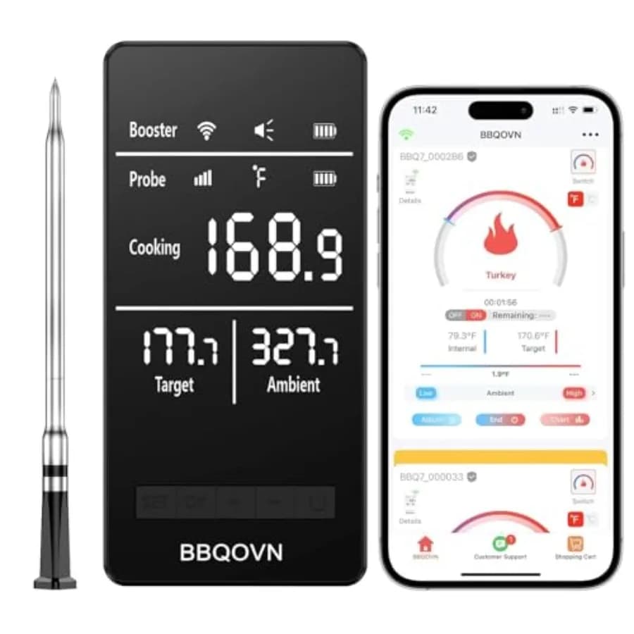 Termometro per Carne Wireless Smart WiFi Sub-1G a Lungo Raggio 300m con 7 Sensori Certificati NIST in 1 Sonda Sottile ±0.5 ℉ Precisione Autonoma