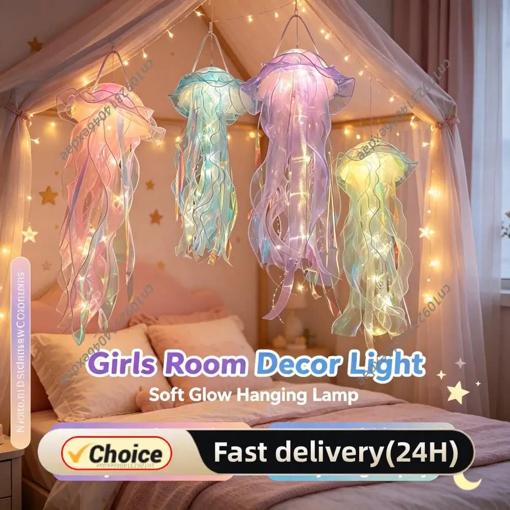 Jellyfish Atmosphere Night Light Button Battery Hanging Ceiling Lantern with Ribbon&Bead LED Bulbs for Room Decoration