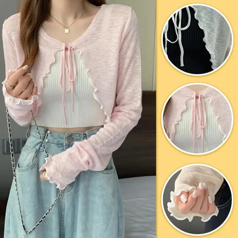 Cardigan corto con protezione solare sottile Maglieria con lacci Top Estate Donna Stile coreano Manica a lanterna Cappotto corto Casual Protezione solare