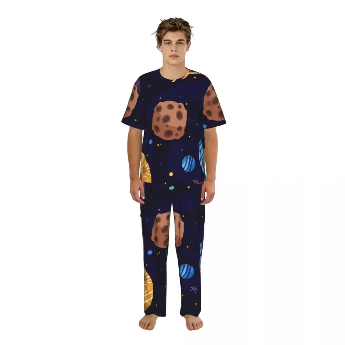 Men's short sleeve pajamas and long trousers, summer home dress set with animated cartoon galactic print