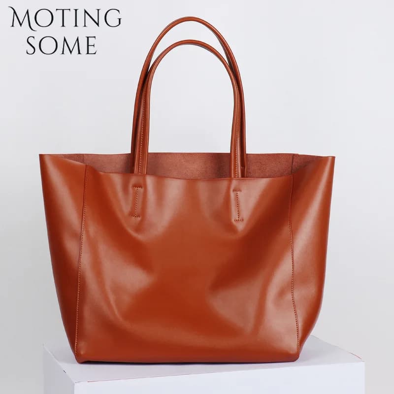 Motingsome Thick Cow Leather Minimalism Women Tote beach bag Large Capacity Shopping Handbag Liades Commuting hobo Black 2025