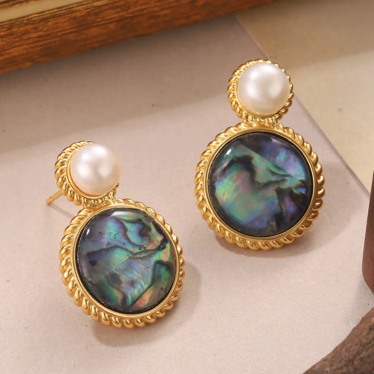 Elegant Pearl & Abalone Shell Drop Earrings - Vintage Gold Plated Round Iridescent Dangle Earring Jewelry