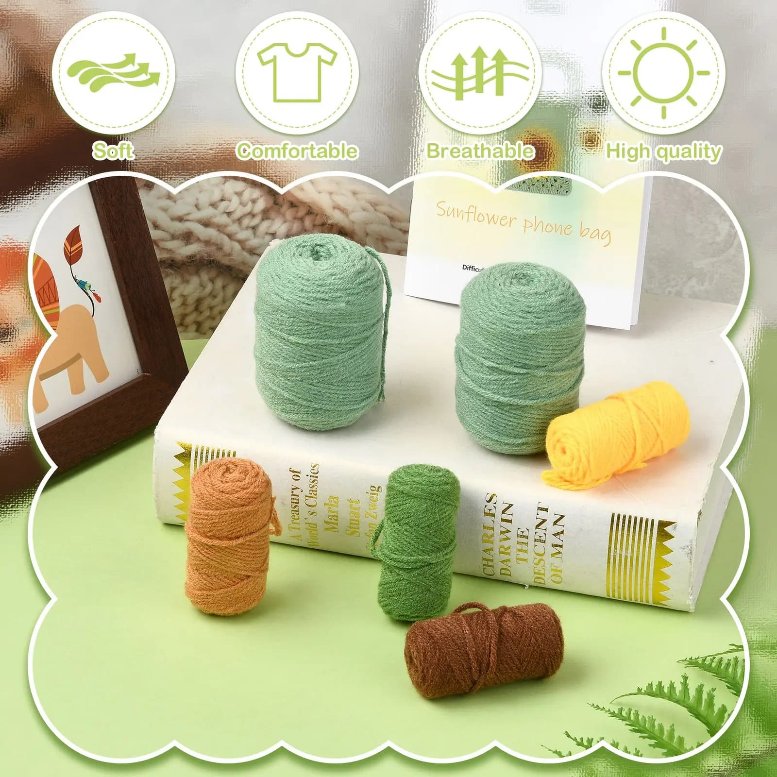 Kit all'uncinetto girasole Borsa tote fai da te - Motivo floreale verde con tutorial passo dopo passo, filato e gancio per principianti