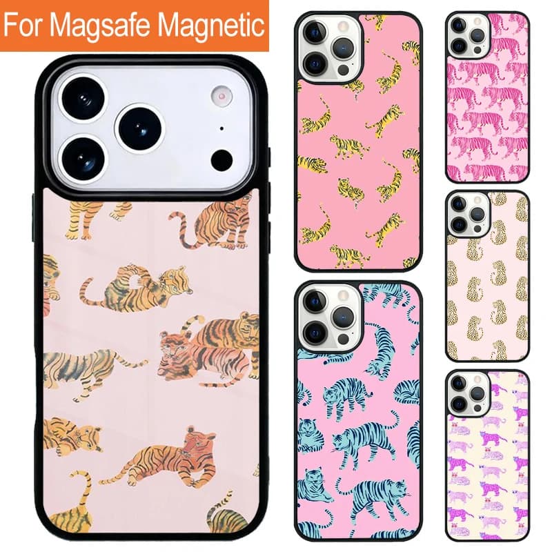 Custodia Magnetica Wireless con Stampa Tigre e Ghepardo per iPhone 17 Pro 16 15 13 12 11 Pro Max Air 14 Plus con Cover Magsafe