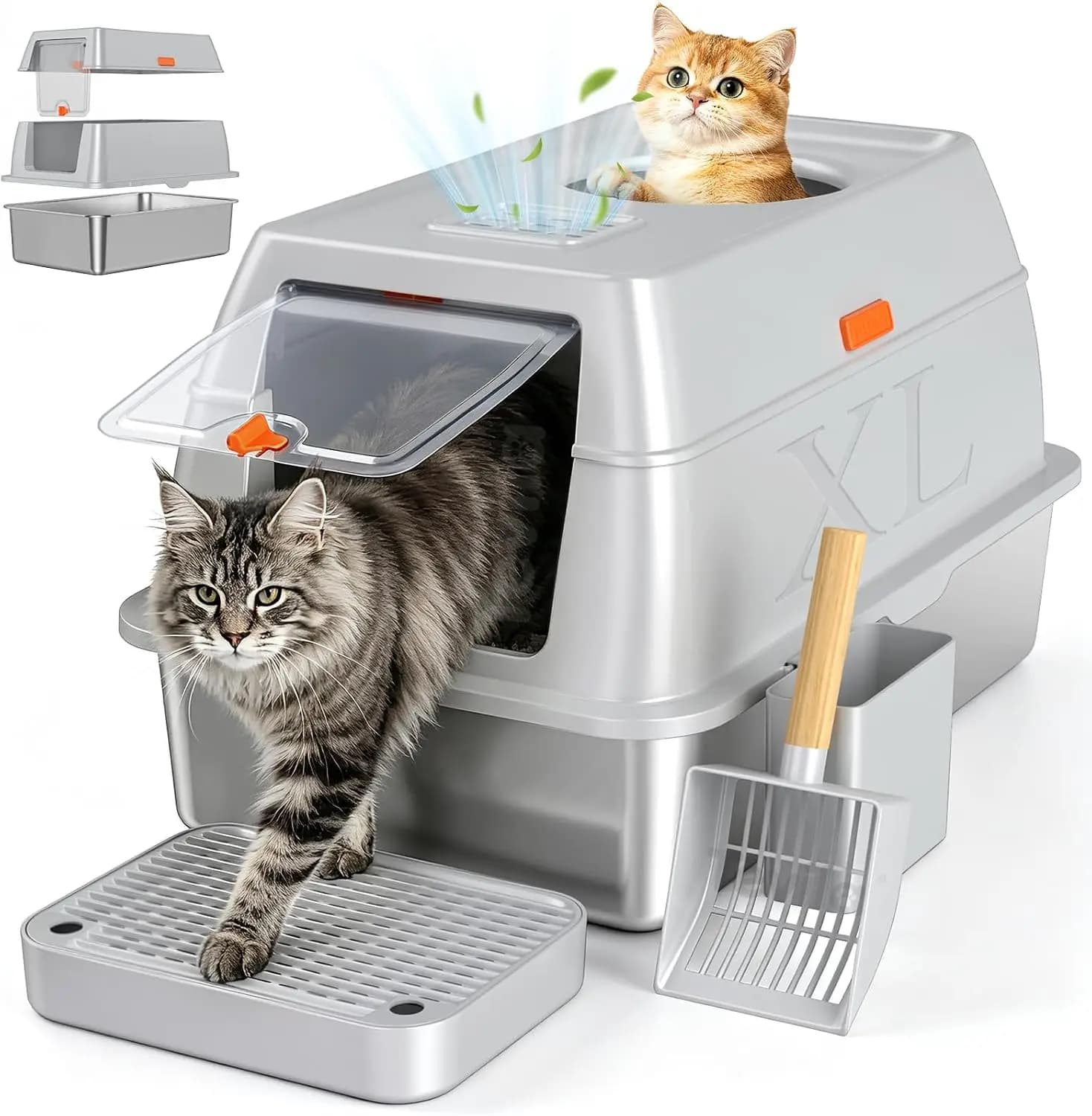 Extra Large Covered Litter Box with Lid, Stainless Steel, Light Gray