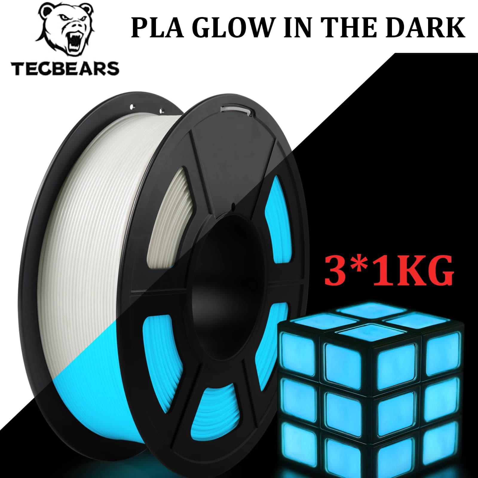 Filament PLA TECBEARS 3KG Brightness to the Hole, 3D PLA Printer Filament, Luminous Material PLA Wraped Ordinarily, Vacuum Packing for FDM