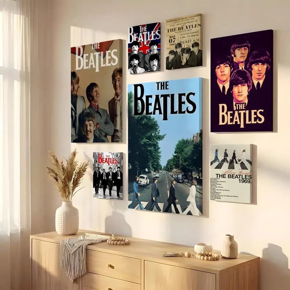 Poster su tela Eco HD con calligrafia della band The Beatles, decorazione da parete con cornice interna | Decorazioni per il corridoio