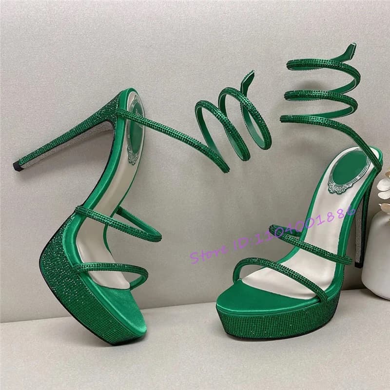 Luxury Rhinestone Platform Sandals for Women Summer Crystal Serpentine Wrapped High Heels Fashion Round Toe Stiletto Dress Shoes