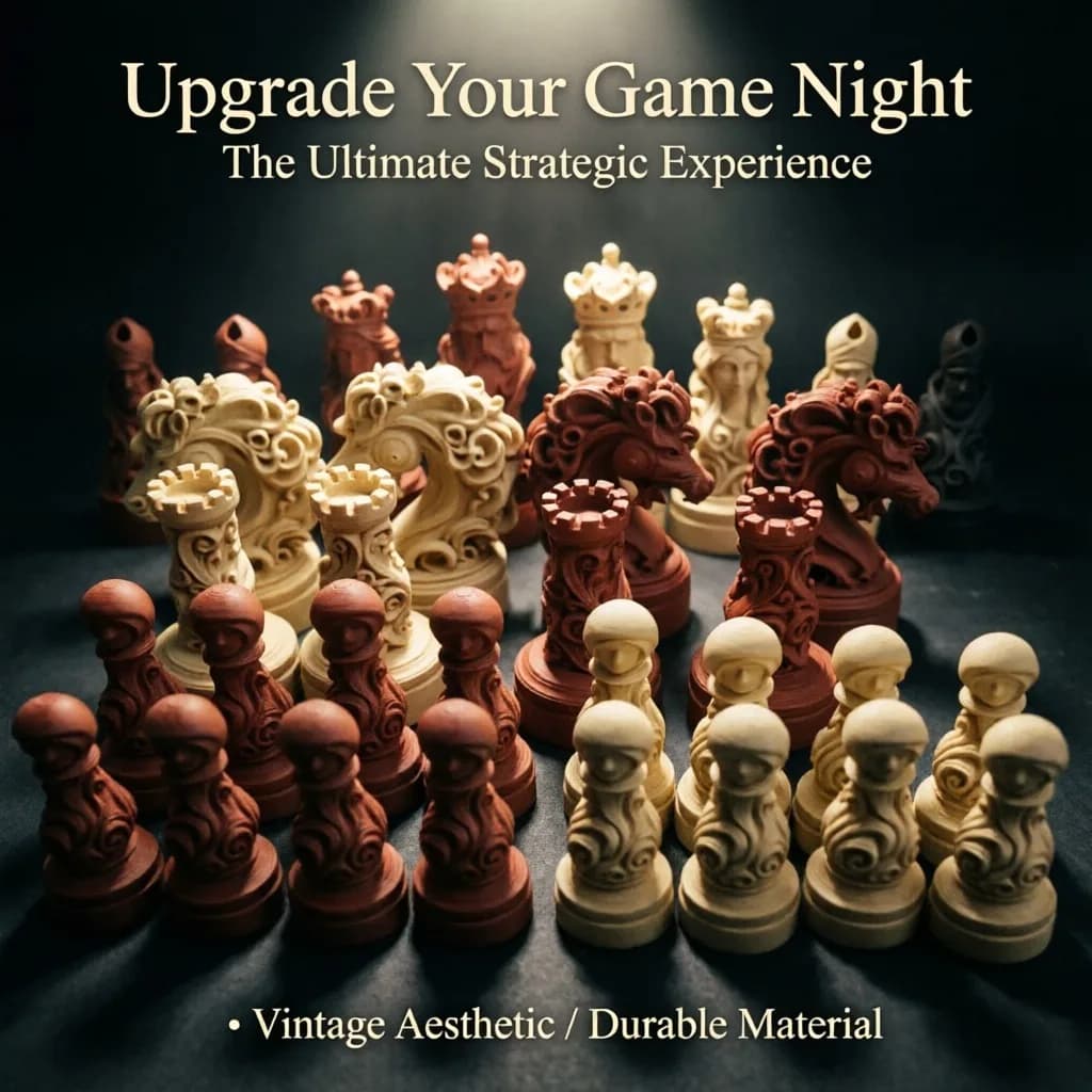 3D Printed Chess Pieces Set, Baroque Skull Crown International Chessmen, Board Game Figures Brown Ivory, Home Office Table Decor