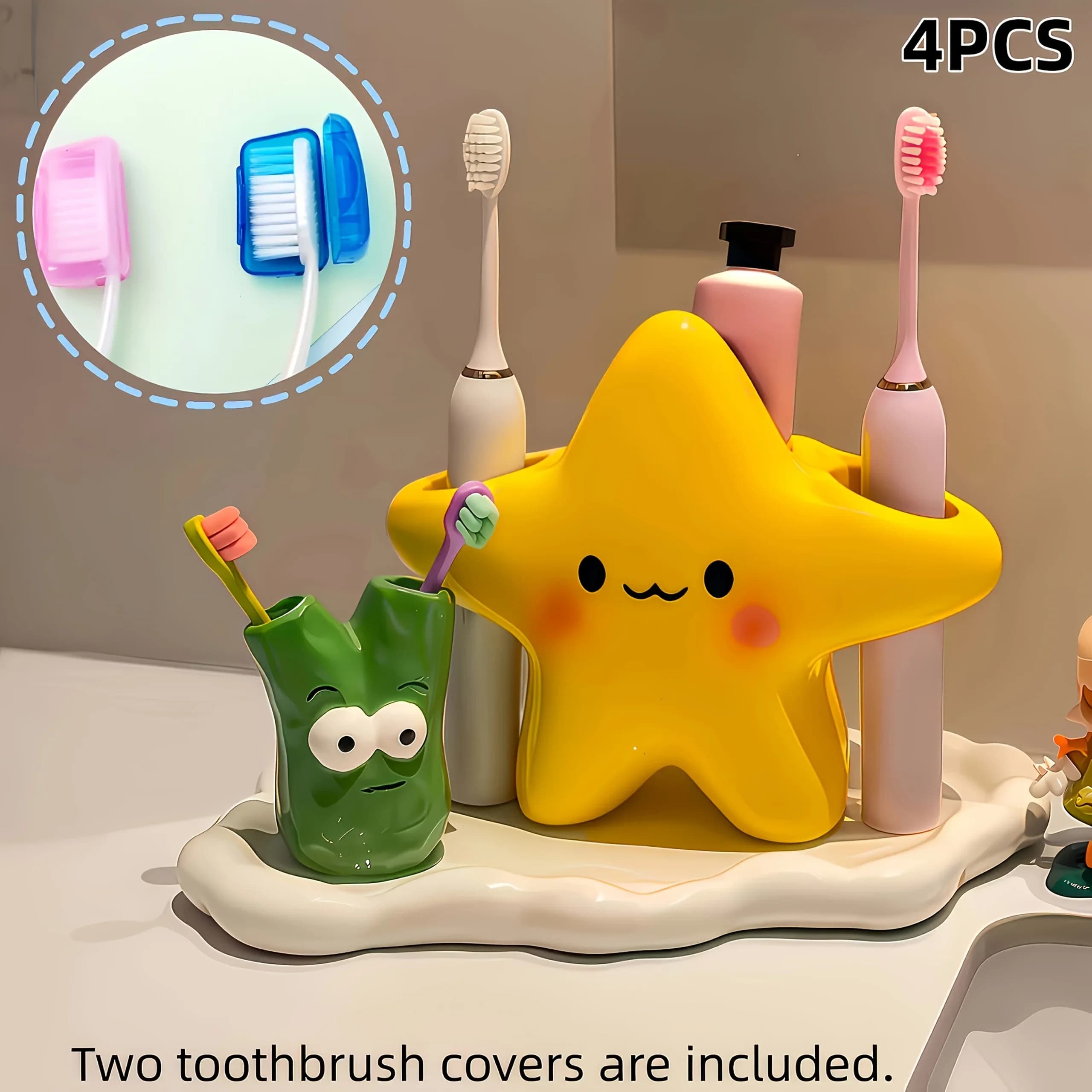 Large Creative Star Design Toothbrush Holder - Cute smiley face shape, sturdy and durable construction, independent space-saving bathroom storage box, suitable for electric/manual toothbrushes