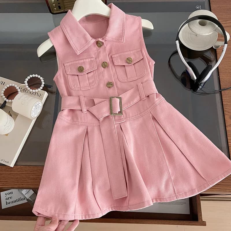 Abito da ragazza con gilet estivo senza maniche, colletto rovesciato, abito a pieghe a trapezio solido, abito casual in morbido jeans per ragazze carine