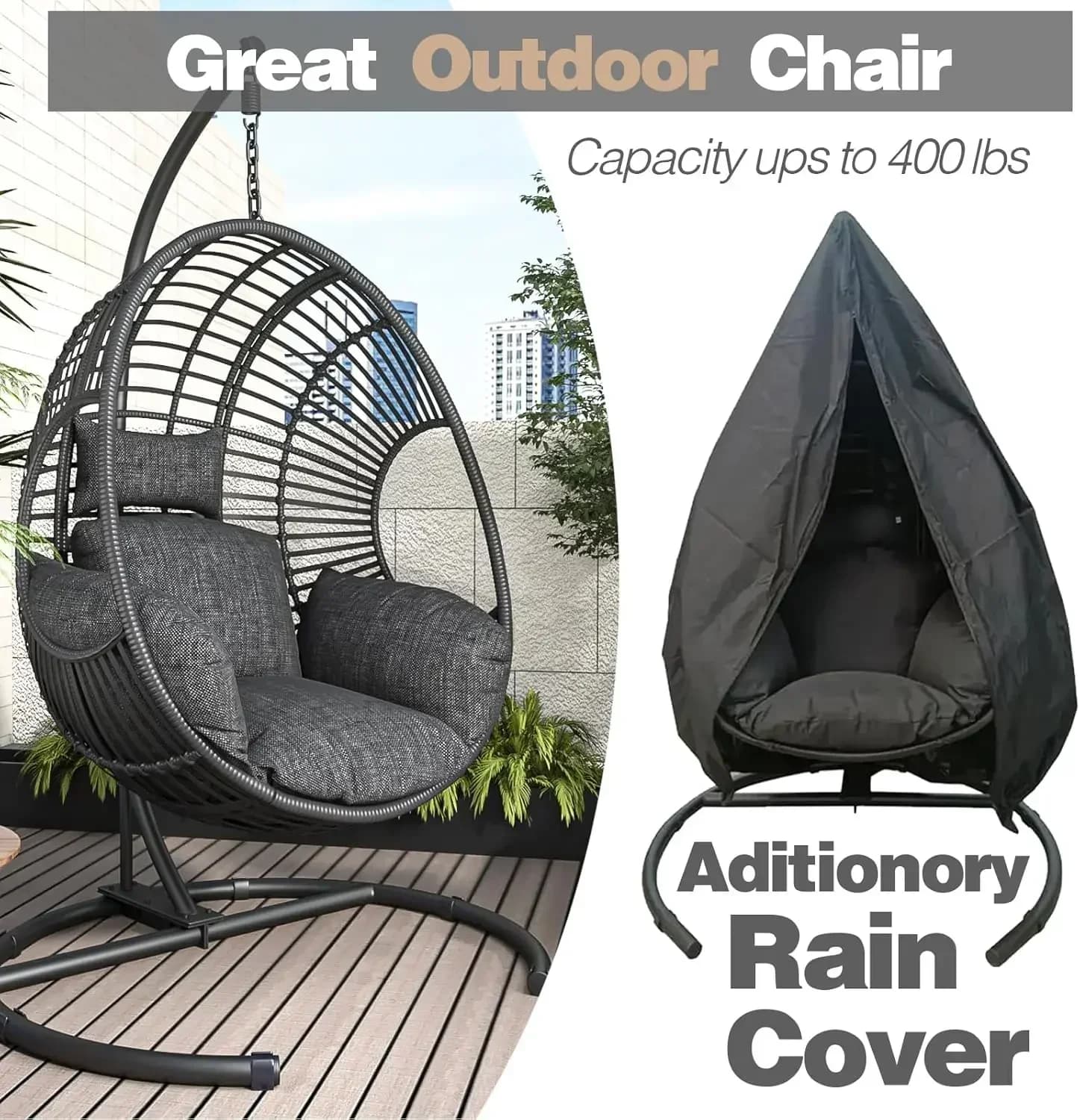 (XMSJ-Hot) Sedia a dondolo a uovo sospesa oversize da esterno in vimini con supporto, copertura antipioggia e cuscino resistente ai raggi UV, per giardino e balcone