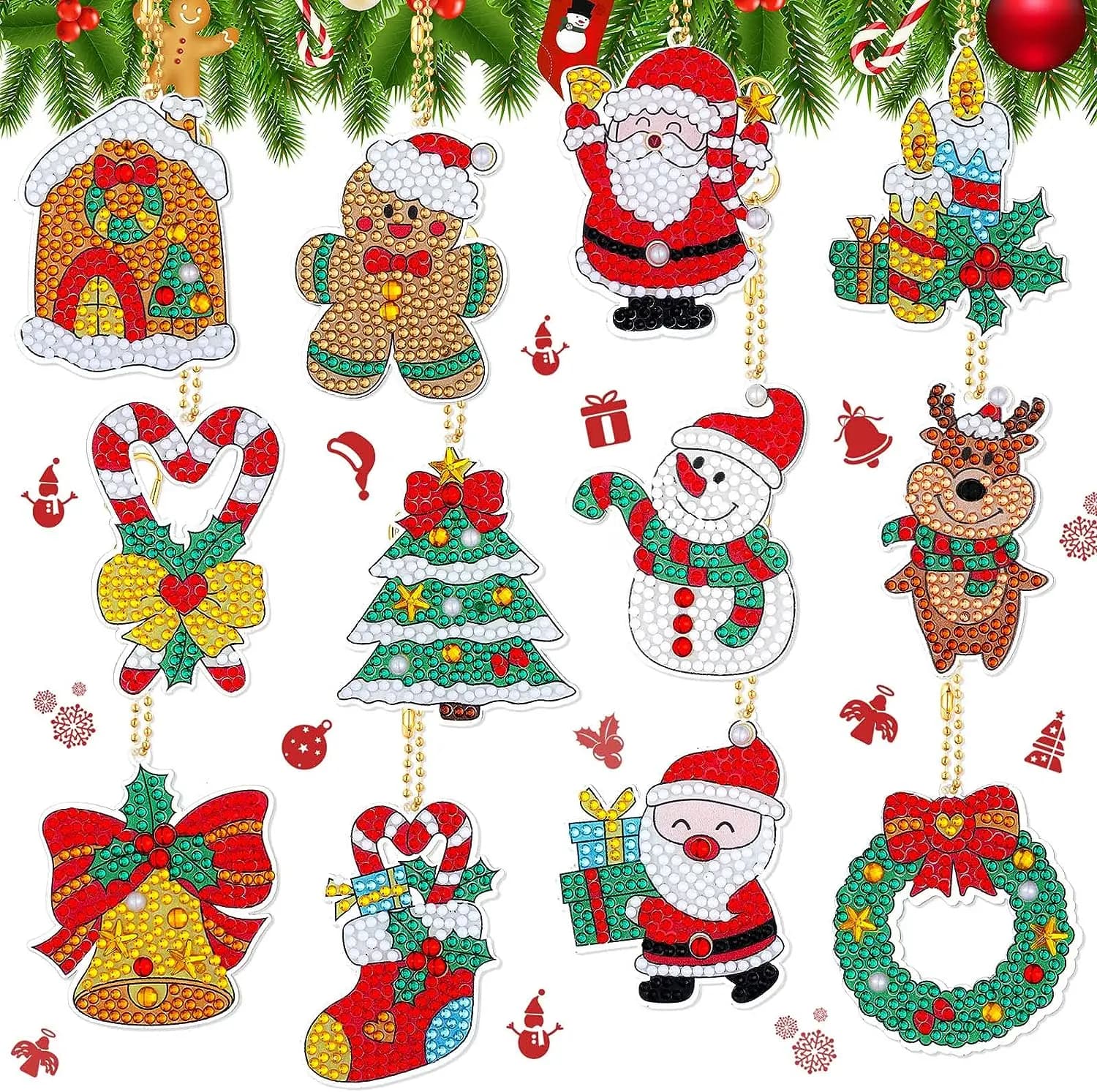 12 pezzi/set pittura diamante fai da te portachiavi di Natale strass di cristallo su un lato pupazzo di neve diamante arte ornamenti per l'albero di Natale